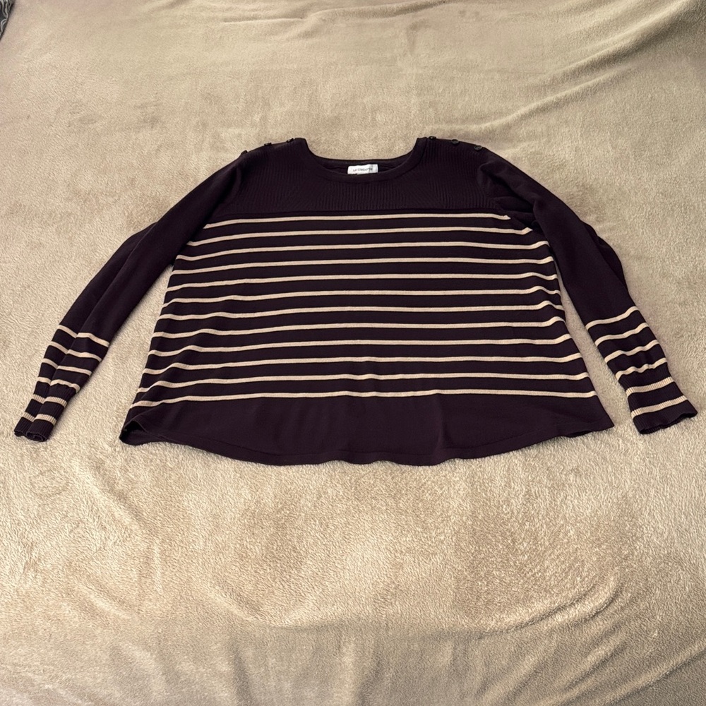 2X - Liz Claiborne Striped Crew Neck Sweater - Maroon and Tan